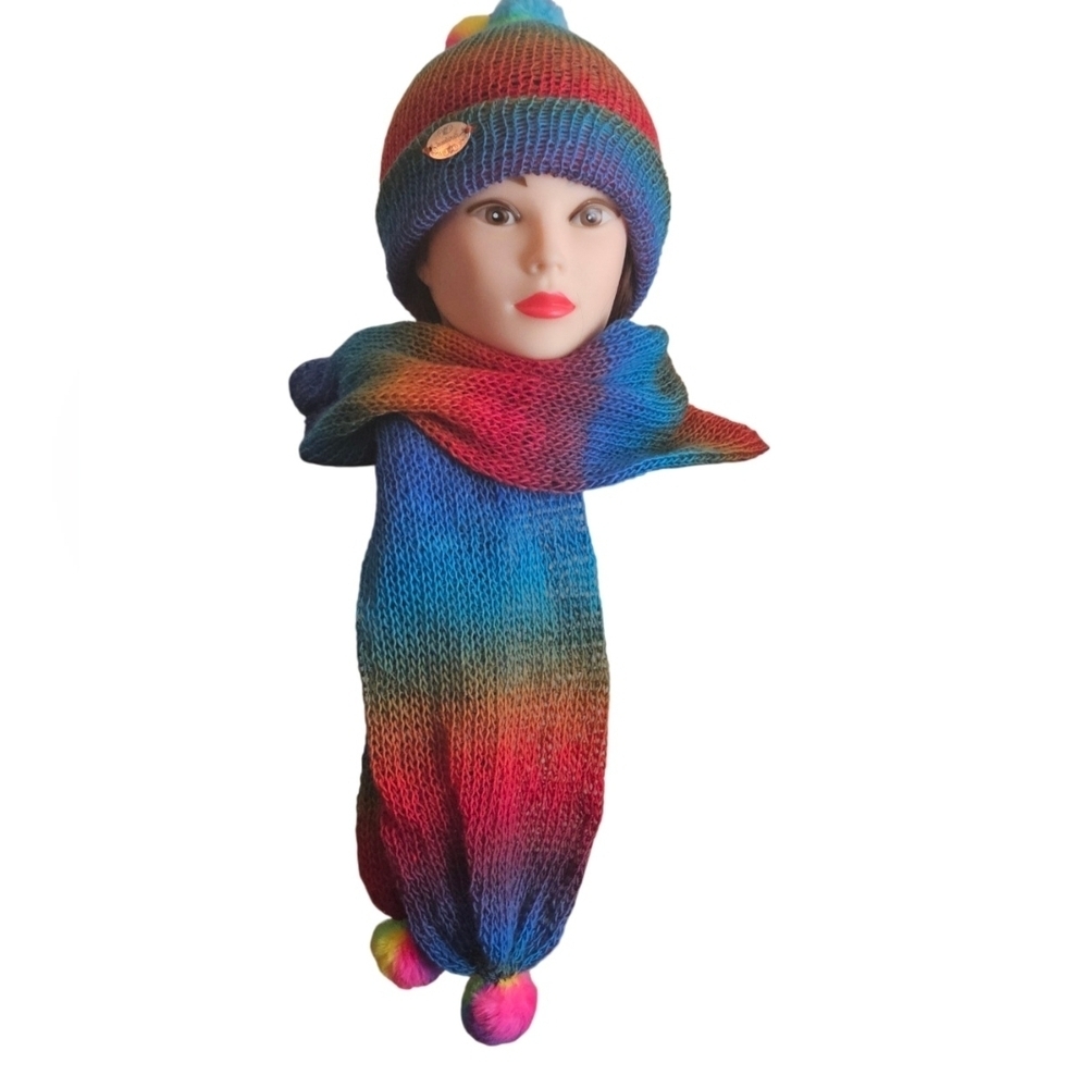 Hand Crafted Long Scarf & Beanie 2pc Set Rainbow multicolored Crochet Winter Hat